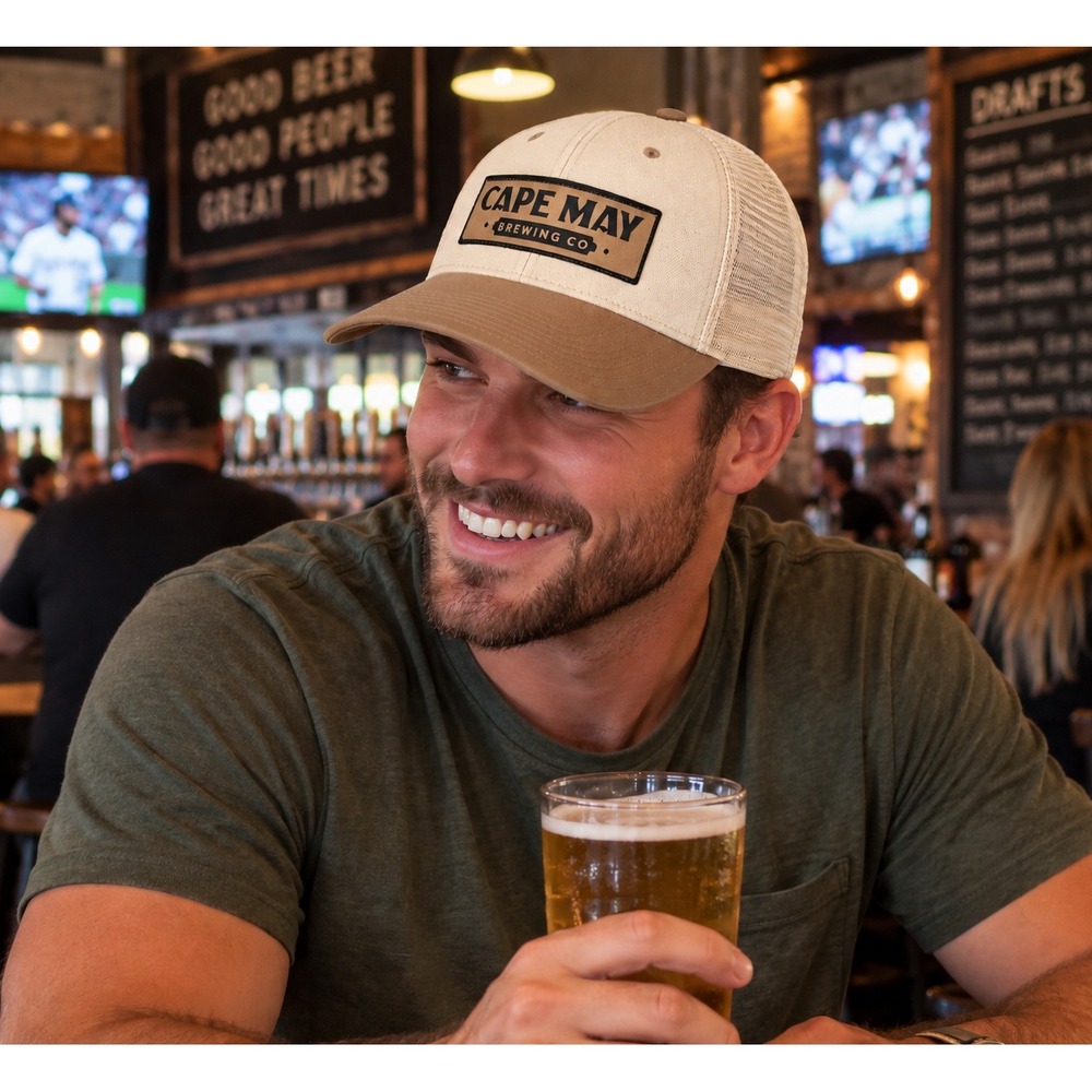 Cape May Brewing Co Legacy Trucker Hat Tan Cream Mesh Snapback Cap NEW